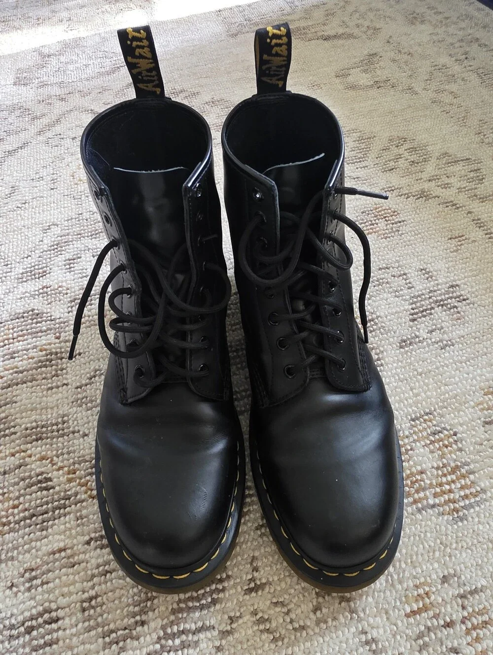 Dr. Martens Black Leather Lace-Up Boots with Yellow Stitching